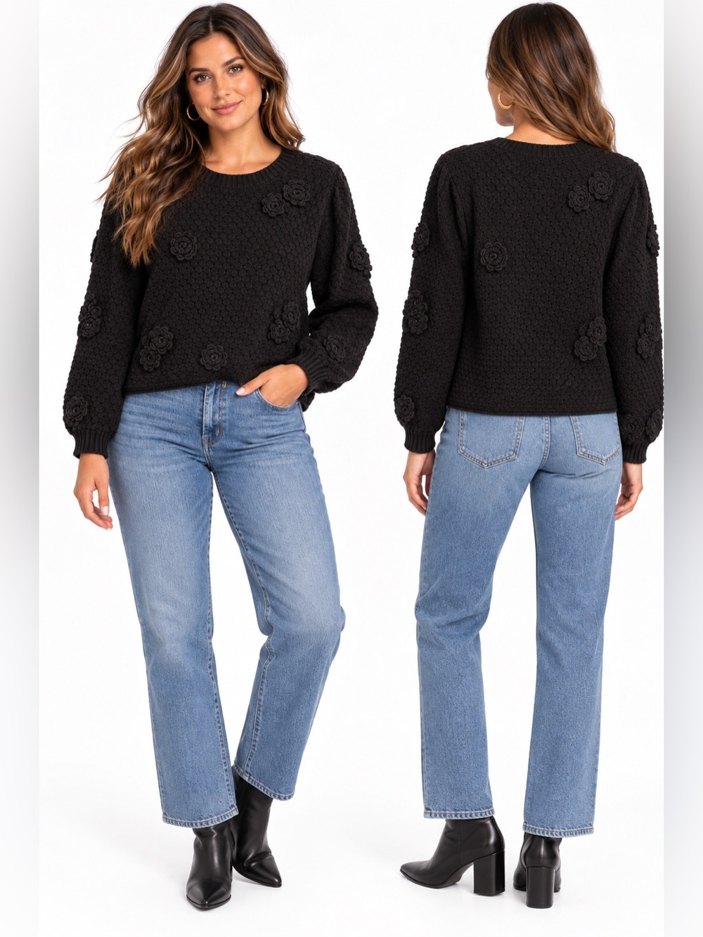 saltwater LUXE Black Textured Floral Crewneck Sweater